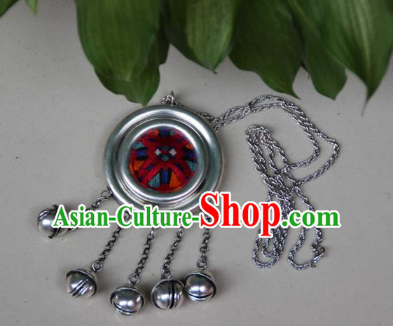 Traditional Chinese Miao Nationality Crafts, Hmong Handmade Miao Silver Embroidery Round Bells Tassel Pendant, Miao Ethnic Minority Necklace Accessories Bells Pendant for Women