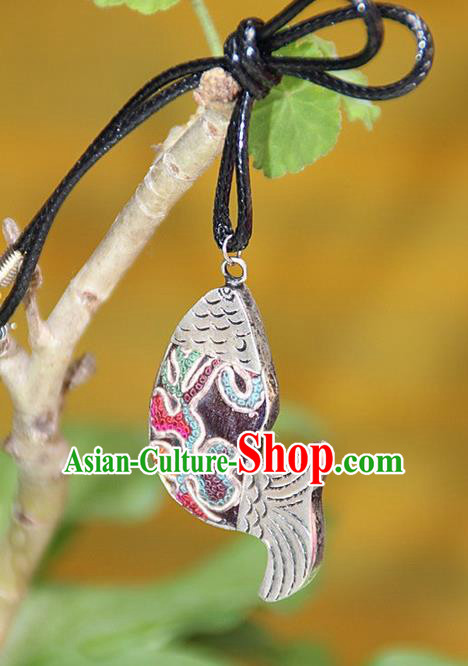 Traditional Chinese Miao Nationality Crafts, Hmong Handmade Miao Silver Embroidery Pendant, Miao Ethnic Minority Necklace Fish Accessories Pendant for Women