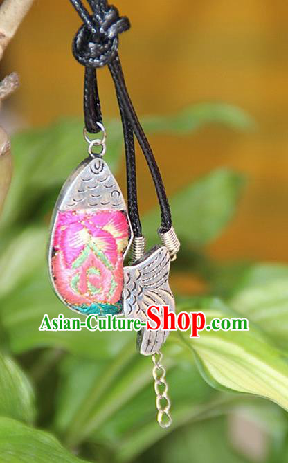 Traditional Chinese Miao Nationality Crafts, Hmong Handmade Miao Silver Embroidery Pink Pendant, Miao Ethnic Minority Necklace Fish Accessories Pendant for Women