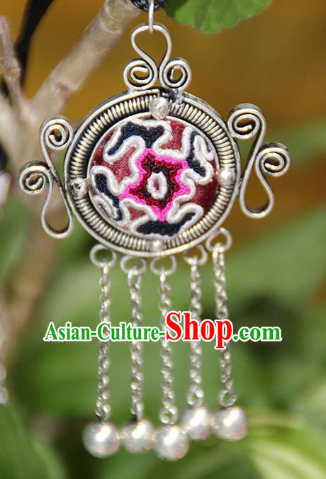 Traditional Chinese Miao Nationality Crafts, Hmong Handmade Miao Silver Embroidery Bells Tassel Pendant, Miao Ethnic Minority Necklace Accessories Bells Pendant for Women