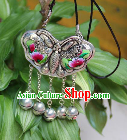 Traditional Chinese Miao Nationality Crafts, Hmong Handmade Miao Silver Embroidery Bells Butterfly Tassel Pendant, Miao Ethnic Minority Necklace Accessories Bells Pendant for Women
