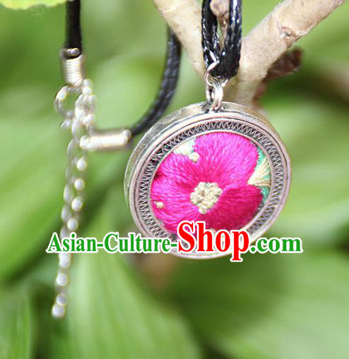 Traditional Chinese Miao Nationality Crafts, Hmong Handmade Miao Silver Embroidery Flowers Round Pendant, Miao Ethnic Minority Black Rope Necklace Accessories Pendant for Women