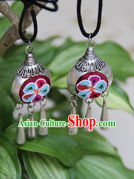 Traditional Chinese Miao Nationality Crafts, Hmong Handmade Miao Silver Embroidery Flowers Earrings, Miao Ethnic Minority Eardrop Accessories Ear Bells Pendant for Women