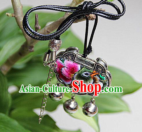 Traditional Chinese Miao Nationality Crafts, Hmong Handmade Miao Silver Embroidery Long Life Lock Bells Tassel Pendant, Miao Ethnic Minority Necklace Accessories Bells Pendant for Women