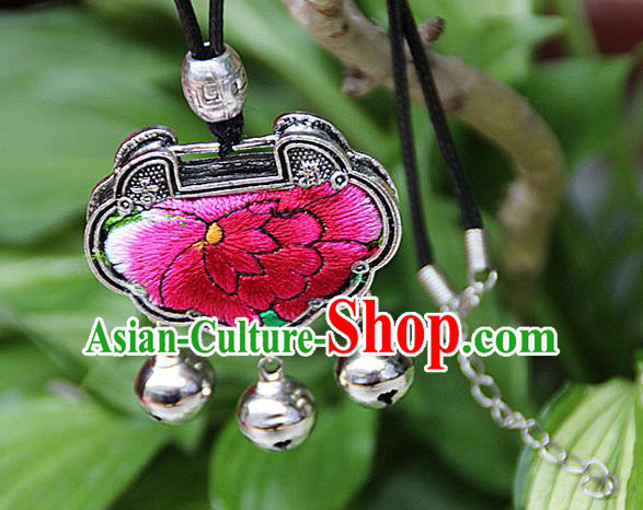 Traditional Chinese Miao Nationality Crafts, Hmong Handmade Miao Silver Embroidery Long Life Lock Bells Tassel Pendant, Miao Ethnic Minority Necklace Accessories Bells Pendant for Women