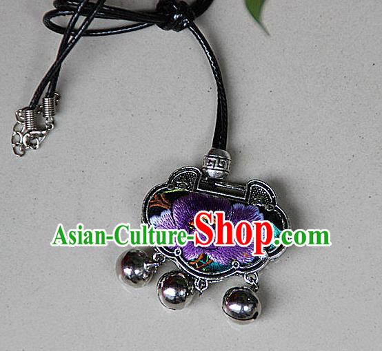 Traditional Chinese Miao Nationality Crafts, Hmong Handmade Miao Silver Embroidery Long Life Lock Bells Tassel Pendant, Miao Ethnic Minority Necklace Accessories Bells Pendant for Women