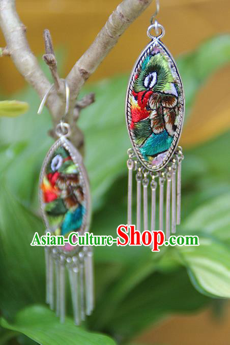 Traditional Chinese Miao Nationality Crafts, Hmong Handmade Miao Silver Embroidery Flowers Tassel Earrings, Miao Ethnic Minority Eardrop Accessories Ear Pendant for Women