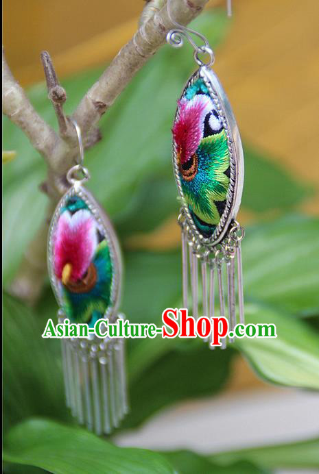 Traditional Chinese Miao Nationality Crafts, Hmong Handmade Miao Silver Embroidery Flowers Tassel Earrings, Miao Ethnic Minority Eardrop Accessories Ear Pendant for Women