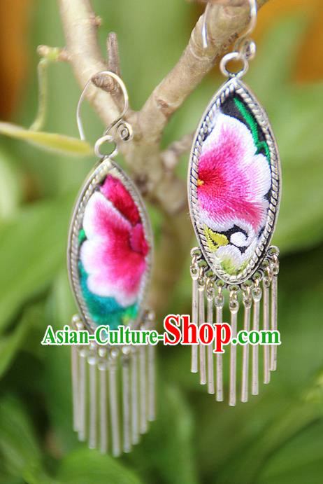 Traditional Chinese Miao Nationality Crafts, Hmong Handmade Miao Silver Embroidery Flowers Tassel Earrings, Miao Ethnic Minority Eardrop Accessories Ear Pendant for Women