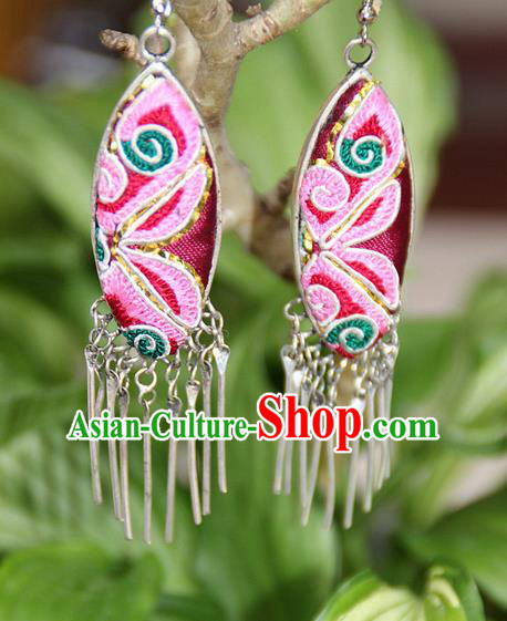 Traditional Chinese Miao Nationality Crafts, Hmong Handmade Embroidery Miao Silver Tassel Earrings, Miao Ethnic Minority Eardrop Accessories Ear Pendant for Women