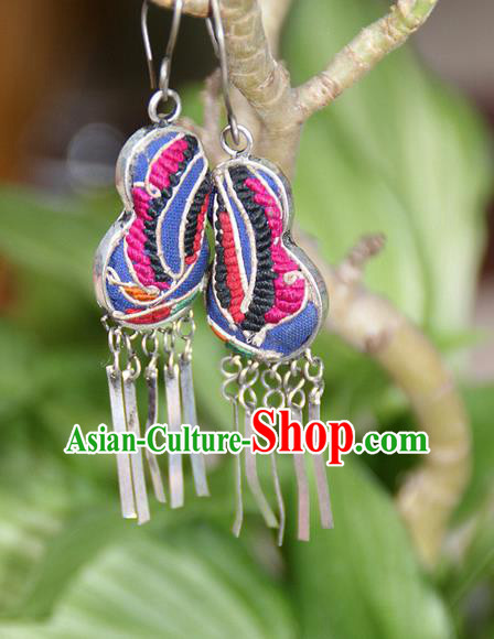 Traditional Chinese Miao Nationality Crafts, Hmong Handmade Embroidery Miao Silver Tassel Earrings, Miao Ethnic Minority Eardrop Accessories Ear Pendant for Women