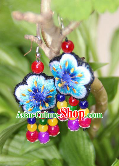 Traditional Chinese Miao Nationality Crafts, Hmong Handmade Embroidery Beads Tassel Earrings, Miao Ethnic Minority Eardrop Accessories Ear Pendant for Women