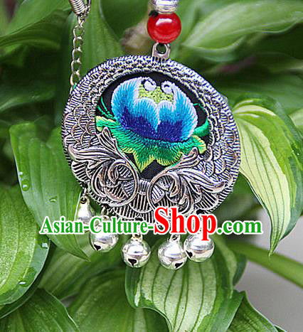 Traditional Chinese Miao Nationality Crafts, Hmong Handmade Miao Silver Embroidery Flowers Pendant, Miao Ethnic Minority Black Rope Necklace Accessories Pendant for Women