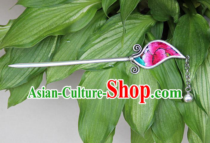 Traditional Chinese Miao Nationality Crafts Jewelry Accessory, Hmong Handmade Embroidery Miao Silver Hairpin, Miao Ethnic Minority Bells Hair Fascinators Hairpins for Women