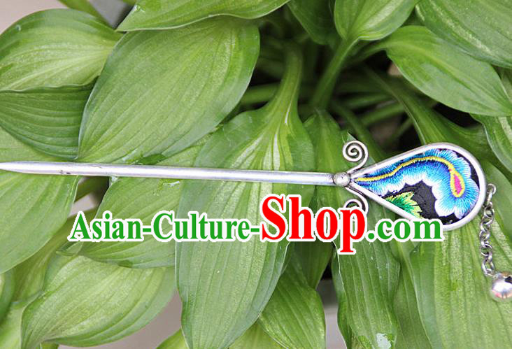 Traditional Chinese Miao Nationality Crafts Jewelry Accessory, Hmong Handmade Blue Embroidery Miao Silver Hairpin, Miao Ethnic Minority Bells Hair Fascinators Hairpins for Women