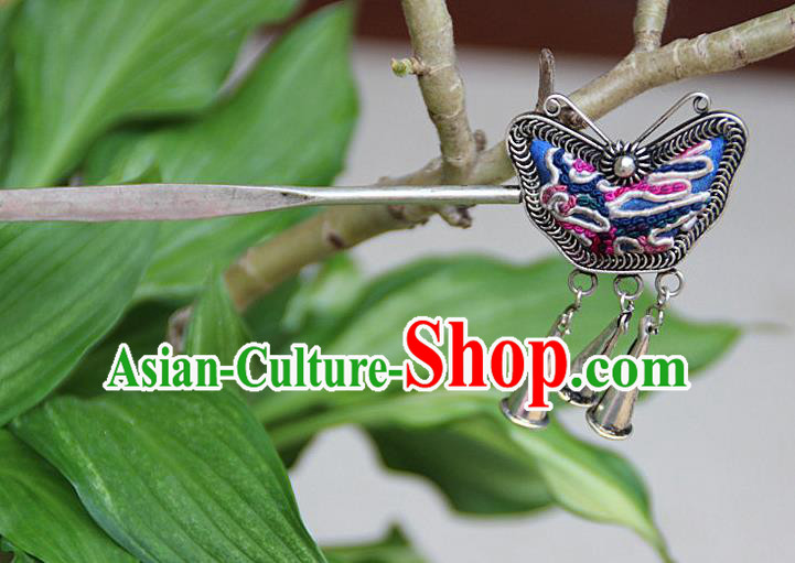 Traditional Chinese Miao Nationality Crafts Jewelry Accessory, Hmong Handmade Embroidery Miao Silver Butterfly Hairpin, Miao Ethnic Minority Bells Hair Fascinators Hairpins for Women