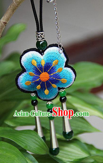 Traditional Chinese Miao Nationality Crafts Jewelry Accessory, Hmong Handmade Miao Silver Embroidery Blue Flowers Green Beads Tassel Pendant, Miao Ethnic Minority Necklace Accessories Pendant for Women