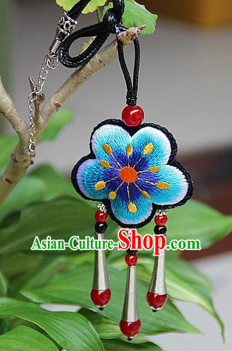 Traditional Chinese Miao Nationality Crafts Jewelry Accessory, Hmong Handmade Miao Silver Embroidery Blue Flowers Red Beads Tassel Pendant, Miao Ethnic Minority Necklace Accessories Pendant for Women