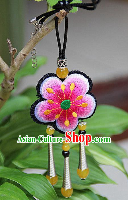 Traditional Chinese Miao Nationality Crafts Jewelry Accessory, Hmong Handmade Miao Silver Embroidery Pink Flowers Yellow Beads Tassel Pendant, Miao Ethnic Minority Necklace Accessories Pendant for Women