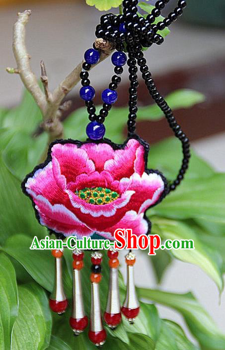 Traditional Chinese Miao Nationality Crafts Jewelry Accessory, Hmong Handmade Double Side Embroidery Red Beads Tassel Pendant, Miao Ethnic Minority Necklace Accessories Sweater Chain Pendant for Women