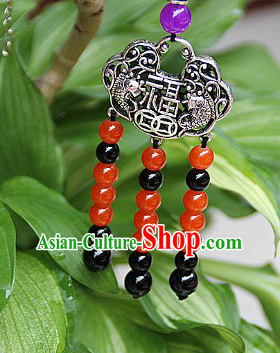 Traditional Chinese Miao Nationality Crafts Jewelry Accessory, Hmong Handmade Miao Silver Beads Tassel Longevity Lock Pendant, Miao Ethnic Minority Necklace Accessories Sweater Chain Pendant for Women