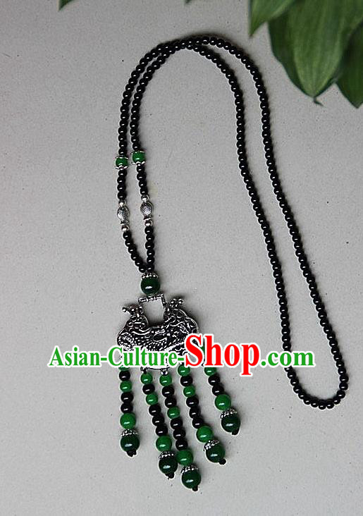 Traditional Chinese Miao Nationality Crafts Jewelry Accessory, Hmong Handmade Miao Silver Beads Tassel Chinese Knot Longevity Lock Pendant, Miao Ethnic Minority Necklace Accessories Sweater Chain Pendant for Women