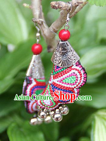 Traditional Chinese Miao Nationality Crafts Jewelry Accessory, Hmong Handmade Embroidery Bells Earrings, Miao Ethnic Minority Eardrop Accessories Ear Pendant for Women