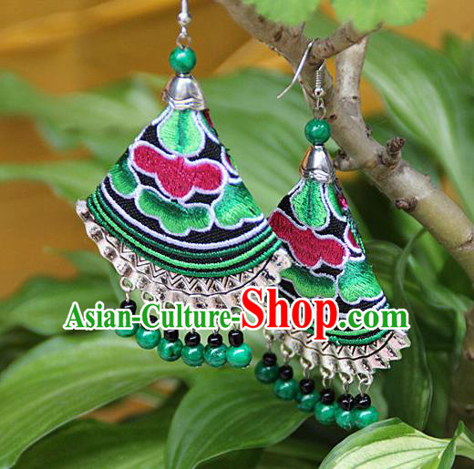 Traditional Chinese Miao Nationality Crafts Jewelry Accessory, Hmong Handmade Embroidery Beads Earrings, Miao Ethnic Minority Eardrop Accessories Ear Pendant for Women