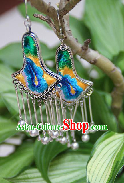 Traditional Chinese Miao Nationality Crafts Jewelry Accessory, Hmong Handmade Embroidery Miao Silver Bells Tassel Earrings, Miao Ethnic Minority Eardrop Accessories Ear Pendant for Women