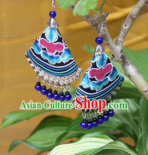 Traditional Chinese Miao Nationality Crafts Jewelry Accessory, Hmong Handmade Embroidery Beads Earrings, Miao Ethnic Minority Eardrop Accessories Ear Pendant for Women