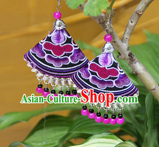 Traditional Chinese Miao Nationality Crafts Jewelry Accessory, Hmong Handmade Embroidery Beads Earrings, Miao Ethnic Minority Eardrop Accessories Ear Pendant for Women