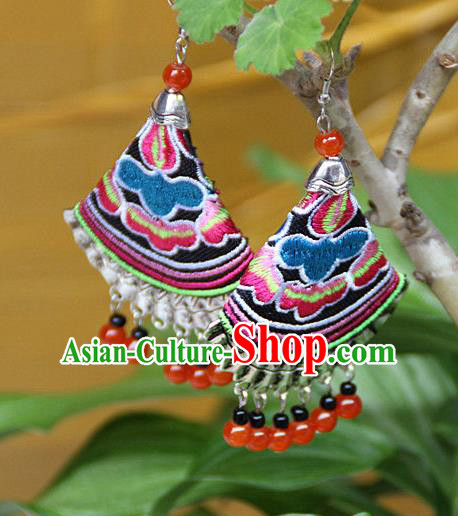 Traditional Chinese Miao Nationality Crafts Jewelry Accessory, Hmong Handmade Embroidery Beads Earrings, Miao Ethnic Minority Eardrop Accessories Ear Pendant for Women