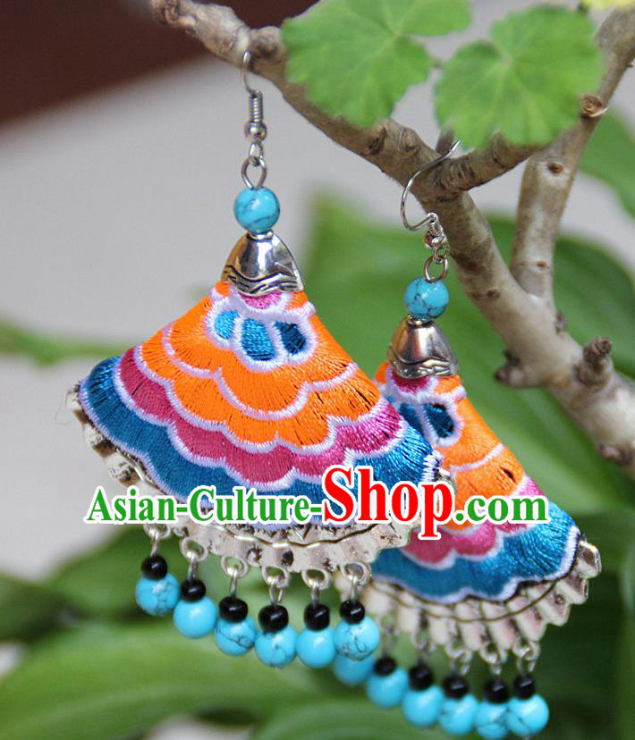 Traditional Chinese Miao Nationality Crafts Jewelry Accessory, Hmong Handmade Embroidery Beads Earrings, Miao Ethnic Minority Eardrop Accessories Ear Pendant for Women