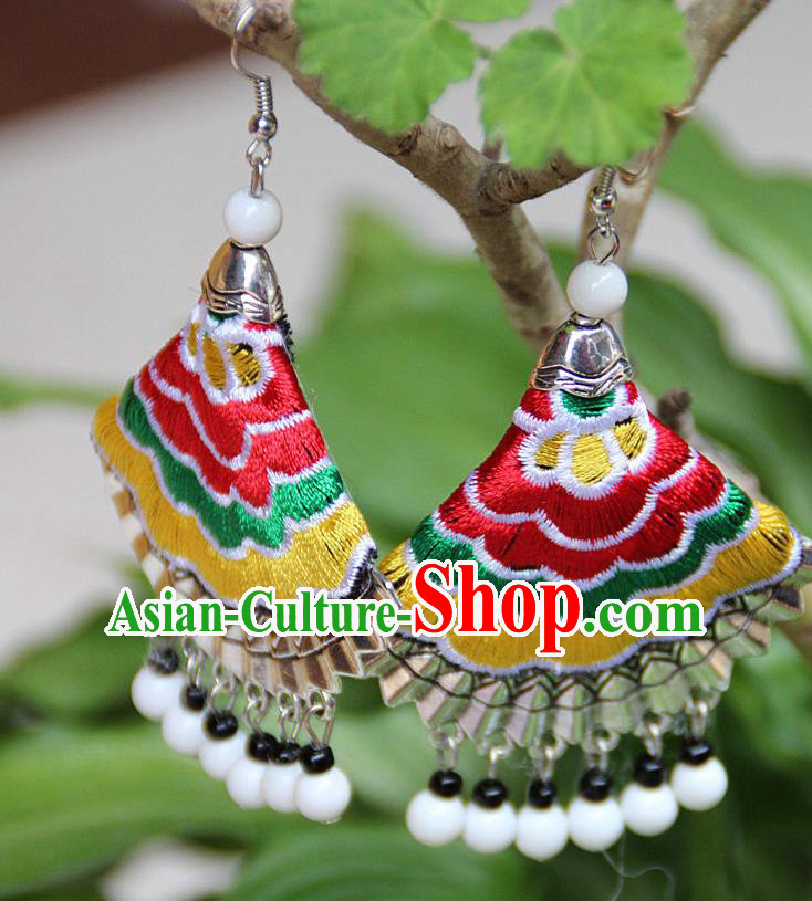 Traditional Chinese Miao Nationality Crafts Jewelry Accessory, Hmong Handmade Embroidery Beads Earrings, Miao Ethnic Minority Eardrop Accessories Ear Pendant for Women