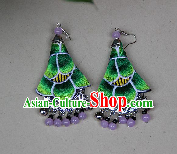 Traditional Chinese Miao Nationality Crafts Jewelry Accessory, Hmong Handmade Embroidery Beads Green Earrings, Miao Ethnic Minority Eardrop Accessories Ear Pendant for Women
