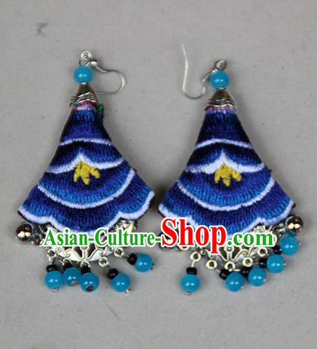 Traditional Chinese Miao Nationality Crafts Jewelry Accessory, Hmong Handmade Embroidery Beads Blue Earrings, Miao Ethnic Minority Eardrop Accessories Ear Pendant for Women