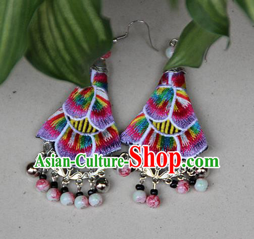 Traditional Chinese Miao Nationality Crafts Jewelry Accessory, Hmong Handmade Embroidery Beads Blue Earrings, Miao Ethnic Minority Eardrop Accessories Ear Pendant for Women