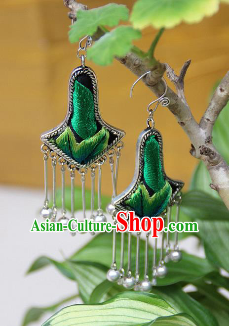 Traditional Chinese Miao Nationality Crafts Jewelry Accessory, Hmong Handmade Embroidery Miao Silver Bells Tassel Earrings, Miao Ethnic Minority Eardrop Accessories Ear Pendant for Women