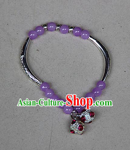 Traditional Chinese Miao Nationality Crafts Jewelry Accessory Bangle, Hmong Handmade Miao Silver Purple Beads Bracelet, Miao Ethnic Minority Bells Bracelet Accessories for Women