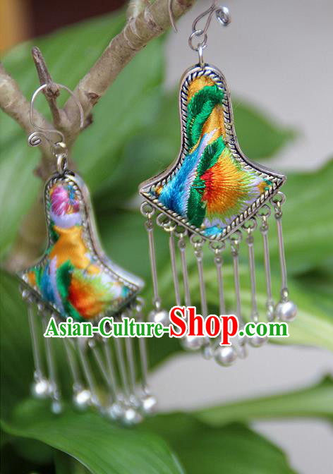 Traditional Chinese Miao Nationality Crafts Jewelry Accessory, Hmong Handmade Embroidery Miao Silver Bells Tassel Earrings, Miao Ethnic Minority Eardrop Accessories Ear Pendant for Women