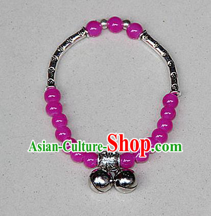Traditional Chinese Miao Nationality Crafts Jewelry Accessory Bangle, Hmong Handmade Miao Silver Rose Beads Bracelet, Miao Ethnic Minority Double Bells Bracelet Accessories for Women