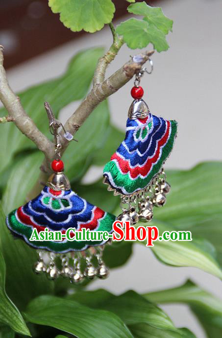 Traditional Chinese Miao Nationality Crafts Jewelry Accessory, Hmong Handmade Embroidery Bells Tassel Earrings, Miao Ethnic Minority Eardrop Accessories Ear Pendant for Women