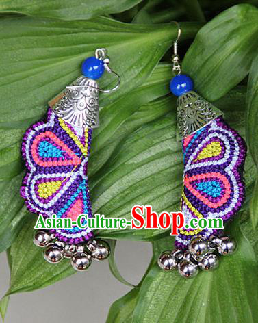 Traditional Chinese Miao Nationality Crafts Jewelry Accessory, Hmong Handmade Embroidery Bells Earrings, Miao Ethnic Minority Eardrop Accessories Ear Pendant for Women