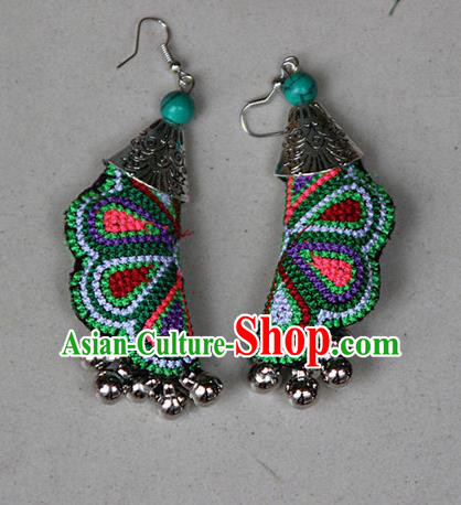 Traditional Chinese Miao Nationality Crafts Jewelry Accessory, Hmong Handmade Embroidery Bells Earrings, Miao Ethnic Minority Eardrop Accessories Ear Pendant for Women