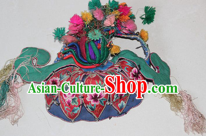 Traditional Chinese Miao Nationality Crafts Hmong Handmade Children Embroidery Phoenix Flowers Coronet Tiger Headwear, Miao Ethnic Minority Exorcise Evil Tiger Hat for Kids