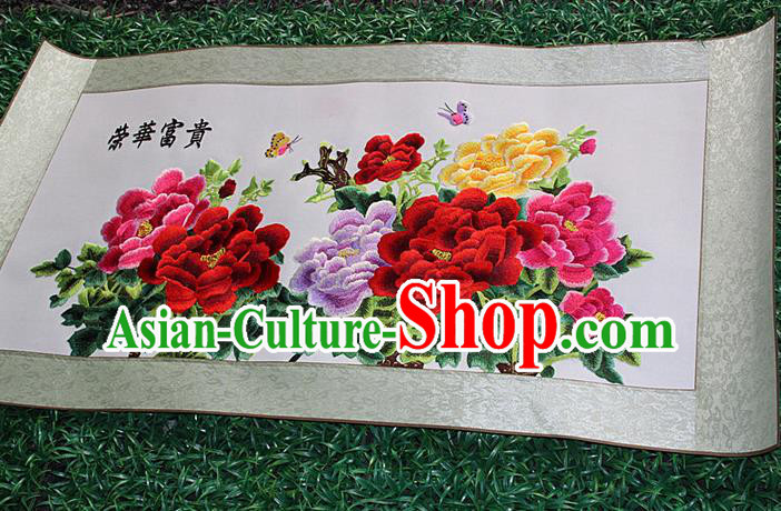 Traditional Chinese Miao Nationality Minority Crafts Hmong Xiangxi Embroidery Decorative Paintings, Embroidery Peony Flowers Meaning Noble Scroll Painting for Friends