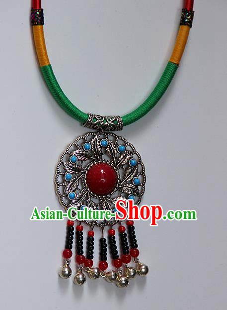 Traditional Chinese Miao Ethnic Minority Necklace, Hmong Handmade Colorized Collar Embroidery Pendant, Miao Ethnic Jewelry Accessories Bells Necklace for Women