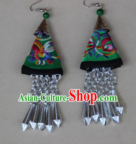 Traditional Chinese Miao Ethnic Minority Palace Jewelry Accessories Long Tassels Embroidery Earrings, Hmong Handmade Earrings for Women