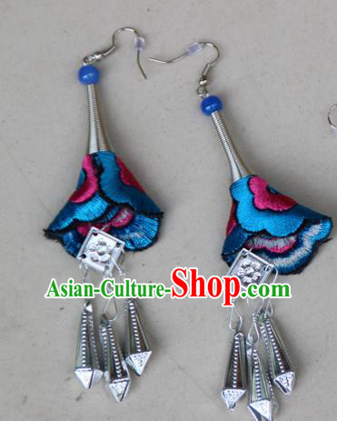 Traditional Chinese Miao Ethnic Minority Palace Jewelry Accessories Long Tassels Embroidery Earrings, Hmong Handmade Earrings for Women