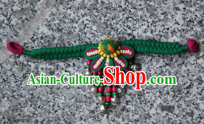 Traditional Chinese Miao Ethnic Minority Palace Jewelry Accessories Wristbands Bracelet, Hmong Handmade Bells Bracelet Hand-Knitted Chain Bracelet for Women